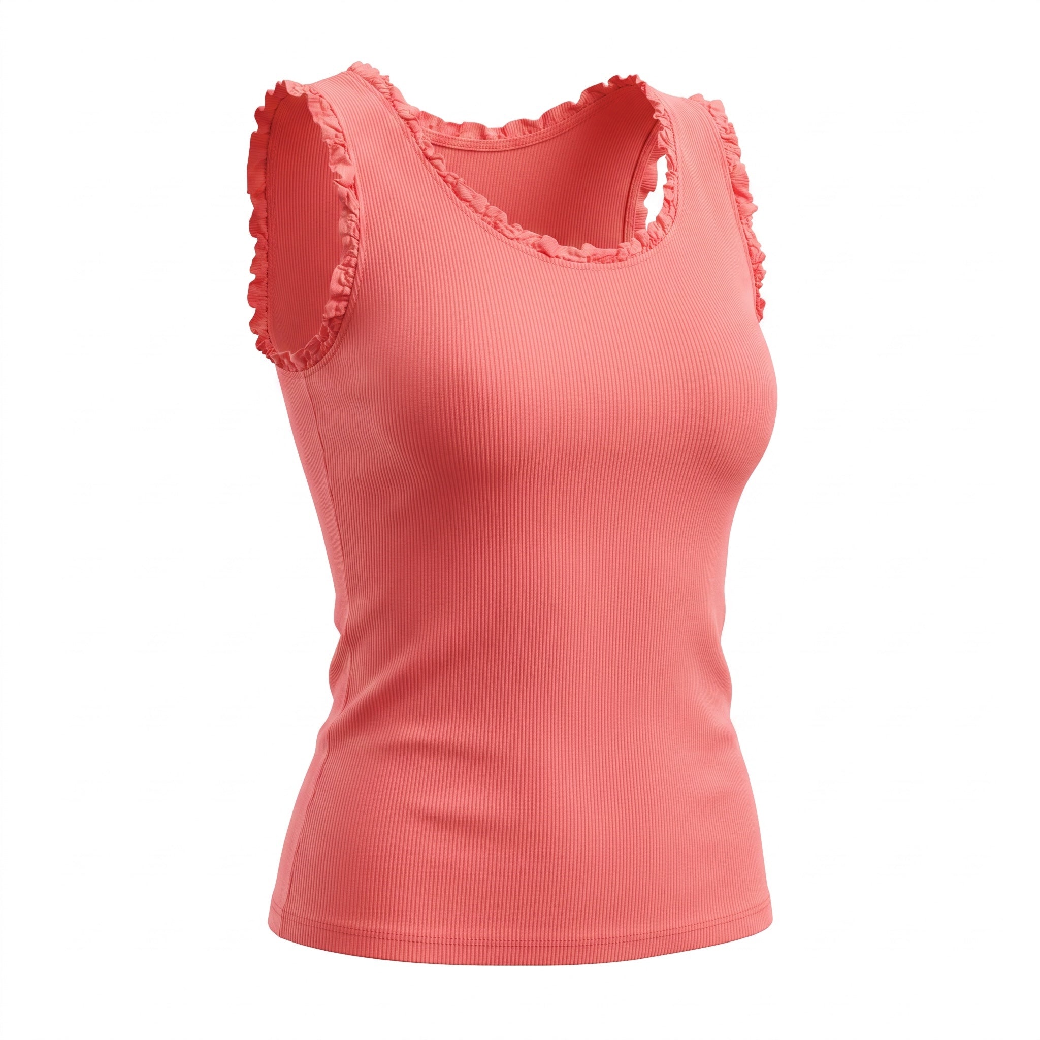 Niomes Boutique coral pink ribbed sleeveless tank top featuring delicate ruffled trim on the neckline and armholes.