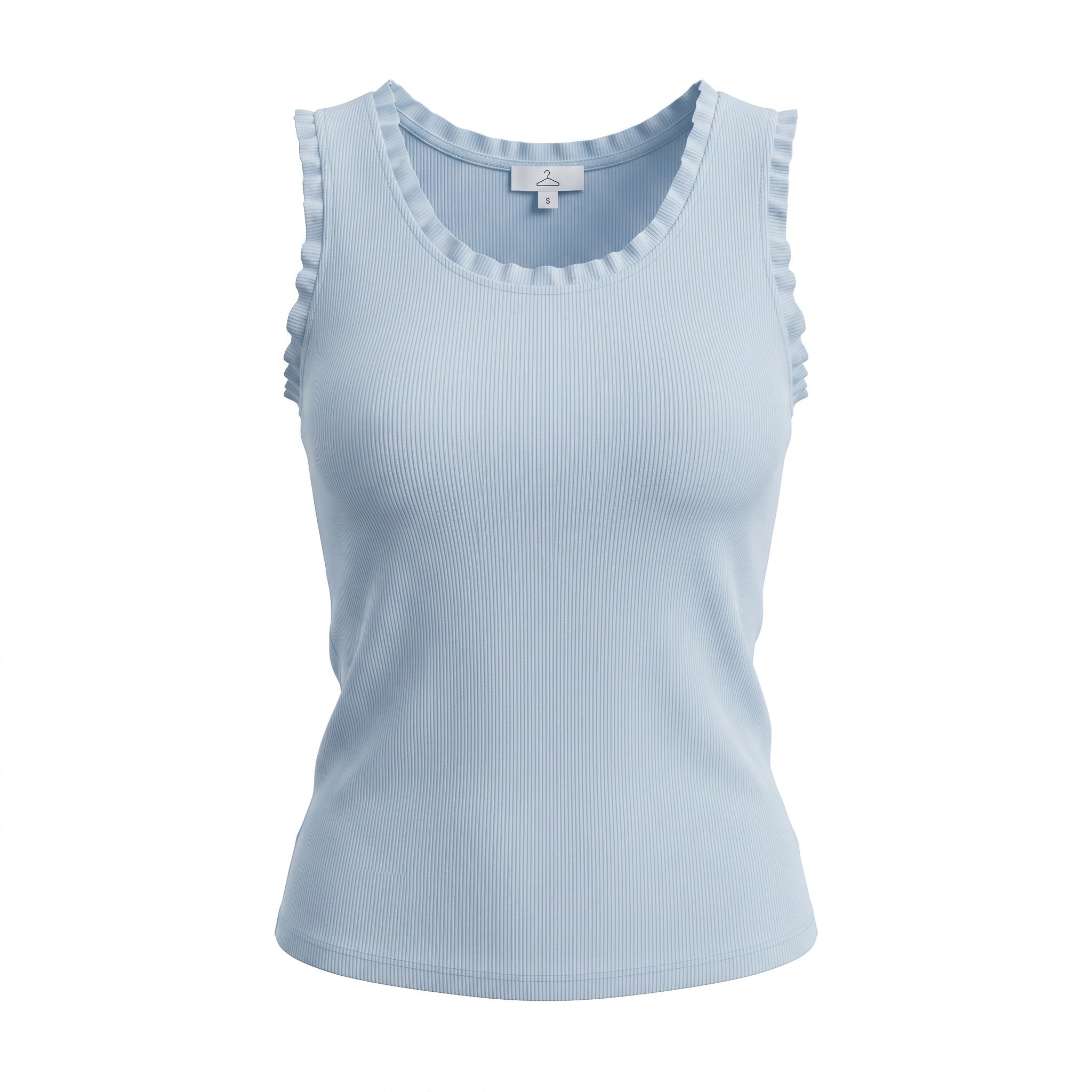 Niomes Boutique light blue ribbed sleeveless tank top featuring delicate ruffled trim on the neckline and armholes.